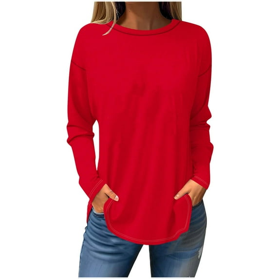 Scyoekwg Womens Long Sleeve Tunic Tops To Wear with Leggings Dressy Casual Plus Size Tops Round Neck long Tops Lightweight Solid Color Loose Blouse Shirts (#E=Red,M)
