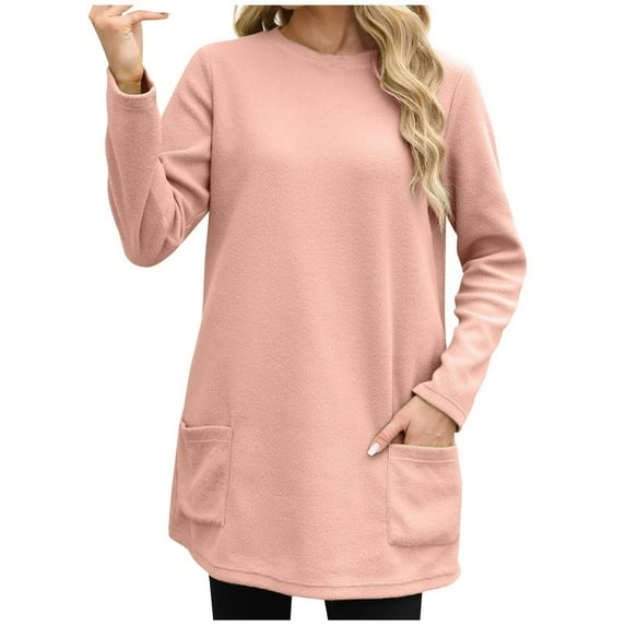 Scyoekwg Womens Long Sleeve Tunic Tops for Leggings with Pockets Fall Fashion Crew Neck Casual Loose Fit Long T Shirts (Pink,L)