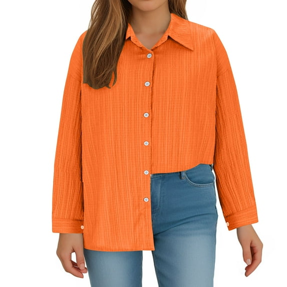 Scyoekwg Womens Long Sleeve Tunics Lapel Button Up Shirt Loose Fall Clothes Solid Color Fashion Dressy Casual Blouses Vintage Blouses(Orange,XL)