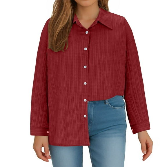Scyoekwg Womens Long Sleeve Tunics Lapel Button Up Shirt Loose Fall Clothes Solid Color Fashion Dressy Casual Blouses Vintage Blouses(Red,XXL)