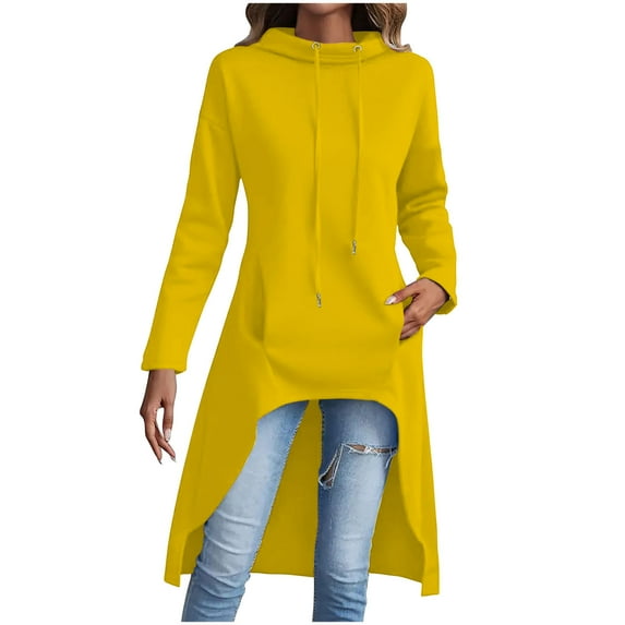 Scyoekwg Womens Long Sleeve Tunics for Fall Crewneck Irregular Hooded Sweatshirt with Pocket Fall Clothes Dressy Casual Blouses Fashion Vintage Loose Solid Color Pullover Tops(Yellow,S)