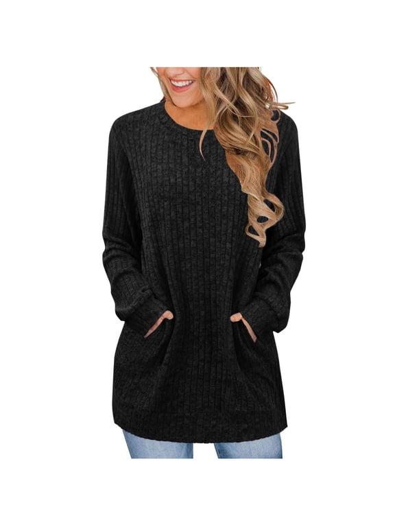 Womens Long Sweaters Fall Fashion Dressy Casual Long Sleeve Top for Women Crewneck Tunic Knit Sweaters Loose Fit Pullover With Pockets (Black,XL)