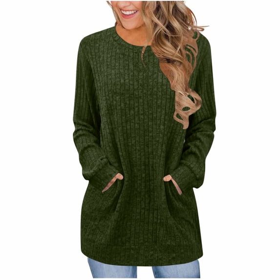 Scyoekwg Womens Long Sweaters Fall Fashion Dressy Casual Long Sleeve Top for Women Crewneck Tunic Knit Sweaters Loose Fit Pullover With Pockets (Z_Army Green,S)