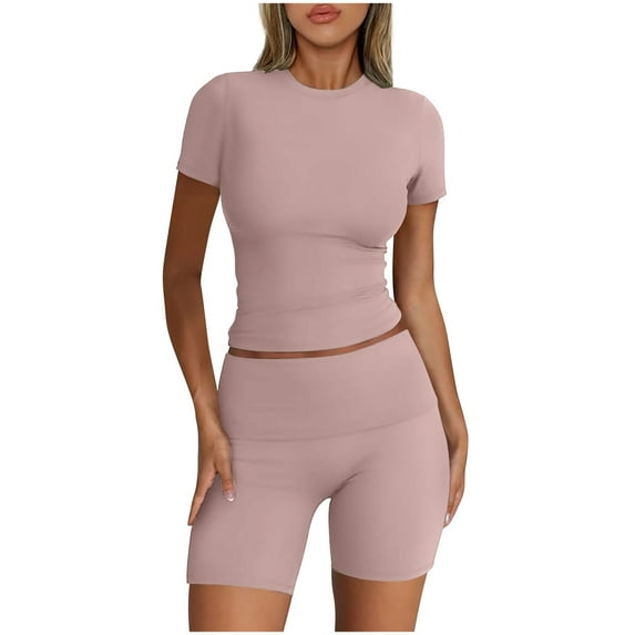 Scyoekwg Womens Lounge Sets 2 Piece Outfits Casual Solid Color Short Sleevele Round-Neck Tops Shorts Running Gym Sprots Sets (Pink,S)