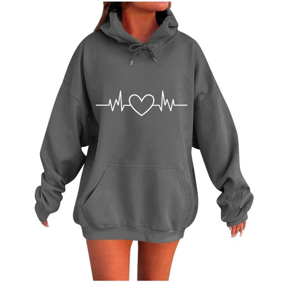 Scyoekwg Womens Oversized Hoodies Winter Cute Sweatshirts Hooded Pullover Fall Fashion Long Sleeve Sweatshirts Heart Print Trendy Outfits (Dark Gray,S)