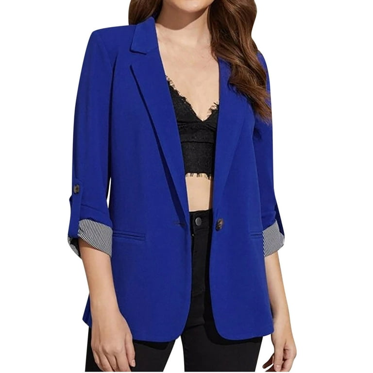Scyoekwg Womens Plaid Blazer Business Attire Solid Color Stitching Stripe  Long Sleeve Pocket Cardigan Coat Top Warm Clothes Blue L 