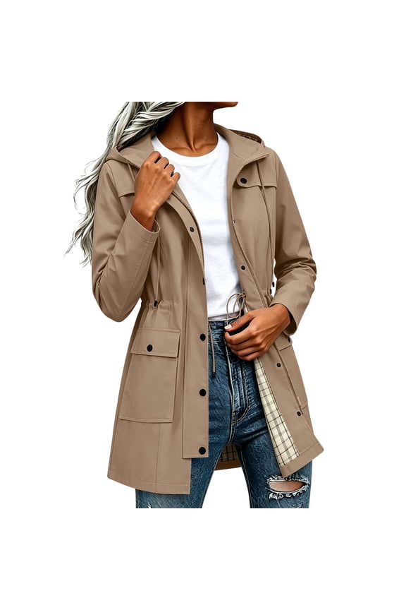 Womens Plaid Lined Drawstring Waist Zipper Hooded Trench Coat, Snap Button Cargo Pocket Water Windproof Jacket, Elastic Cuff All Season Casual Outerwear (Khaki,S)