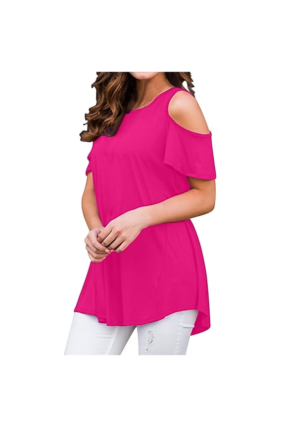 Womens Plus Size Cold Shoulder Short Sleeve Tunic Tops Summer Round Neck Solid Color Shirts Casual Loose Fit Bandage Blouses Pullover (Hot Pink,XXXL)