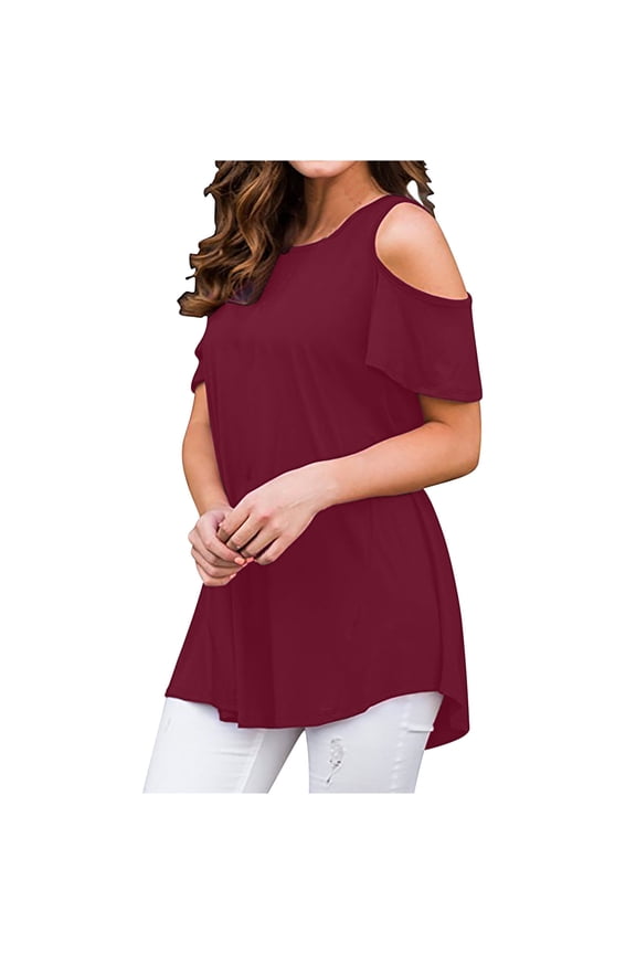 Womens Plus Size Cold Shoulder Short Sleeve Tunic Tops Summer Round Neck Solid Color Shirts Casual Loose Fit Bandage Blouses Pullover (Wine,XXL)