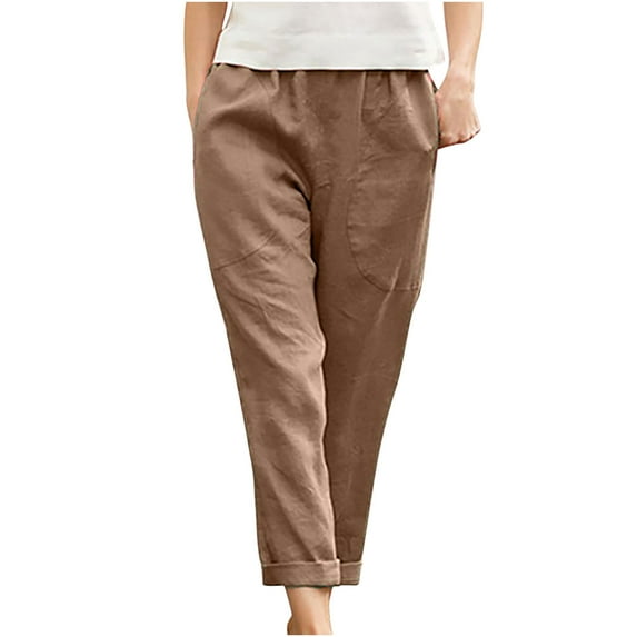 Scyoekwg Womens Plus Size Cotton Linen Pants Elastic Waist Casual Pants Solid Color Straight Pants with Pocket (Khaki,XXXXXL)