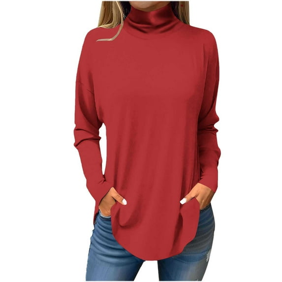 Scyoekwg Womens Plus Size Tops High Neck Tunics or Shirts to Wear with Leggings Tops for Women Trendy Loose Tshirt Lightweight Long Sleeve Solid Color Dressy Casual Blouses (Red,L)