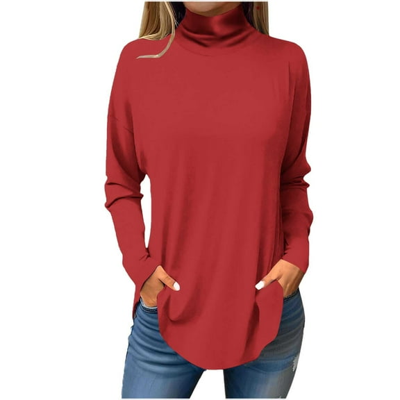 Scyoekwg Womens Plus Size Tops High Neck Tunics or Shirts to Wear with Leggings Tops for Women Trendy Loose Tshirt Lightweight Long Sleeve Solid Color Dressy Casual Blouses (Red,L)
