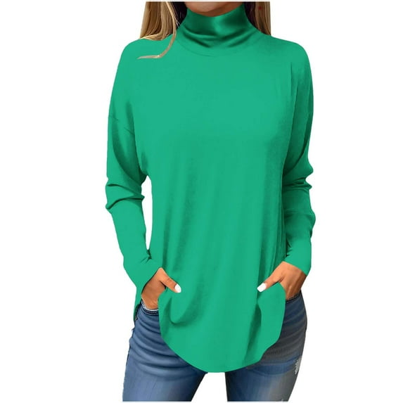 Scyoekwg Womens Plus Size Tops High Neck Tunics or Shirts to Wear with Leggings Tops for Women Trendy Loose Tshirt Lightweight Long Sleeve Solid Color Dressy Casual Blouses (Army Green,M)