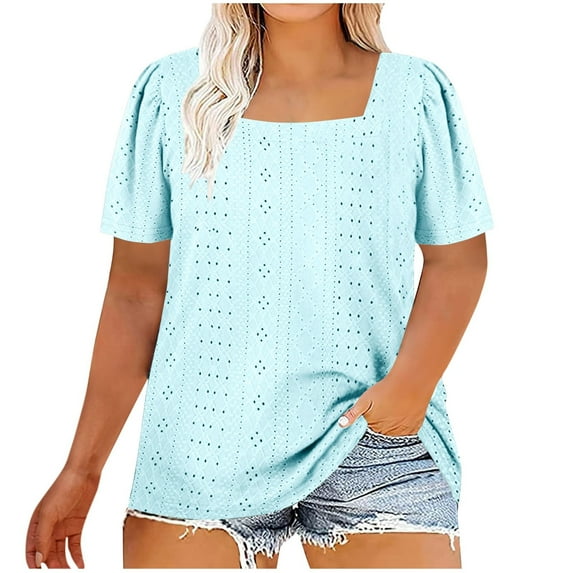 Scyoekwg Womens Plus Size Tops Square Collar Elegant Ruffles Sleeve Eyelet Shirts Solid Color Short Sleeve T Shirts Trendy Summer Casual Loose Blouses Tshirt (Light Blue,XXXXL)