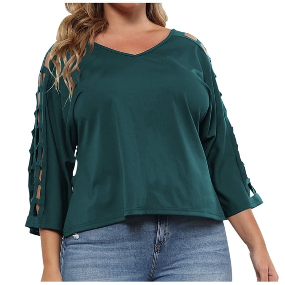 Scyoekwg Womens Plus Size Tops Trendy Casual V-Neck Hollow Sleeve T-shirt Short Sleeve T Shirts Comfy Summer Lightweight Comfy Solid Color Loose Blouses (Green,XL)