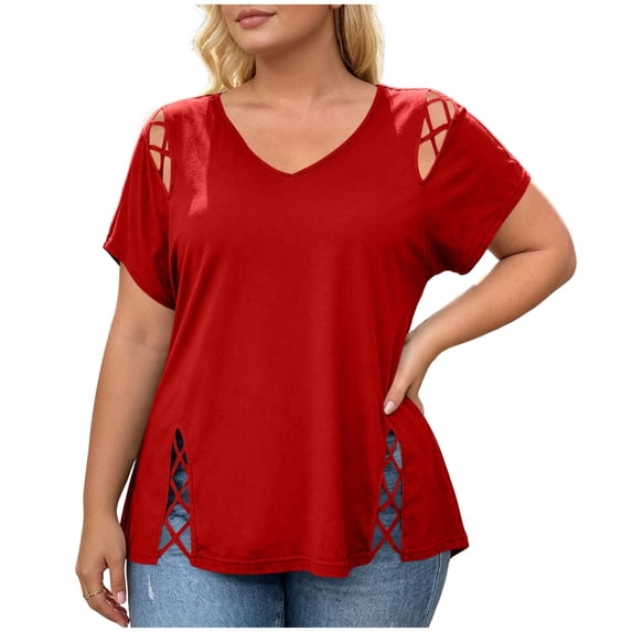 Scyoekwg Womens Plus Size Tops V-Neck Lace Up Cut Out Short Sleeve T-Shirt Solid Color Loose Fit Summer Blouses (Z01_Red,XXXXL)