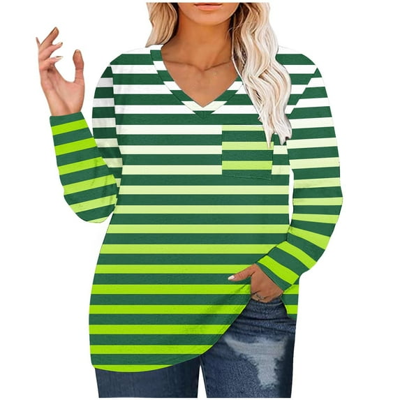 Scyoekwg Womens Plus Size Tops V Neck Tunic Shirts Long Sleeve Tops for Women Trendy Striped Dressy Casual Blouse Lightweight Loose Blouses (Green,XXXXXL)