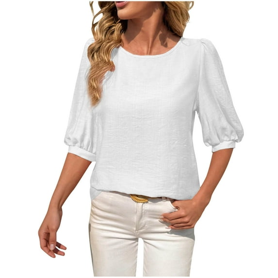 Scyoekwg Womens Puff Elbow Sleeve Tops Trendy Dressy Casual Crew Neck Work Shirts Ladies Summer Elegant Office Tunic Blouses (White,XL)