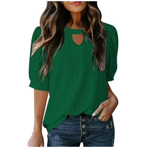 Scyoekwg Womens Puff Short Sleeve Tops Trendy Keyhole Neck Eyelet Shirts Hollow Out Solid Color Dressy Casual Loose Blouses (Green,XL)