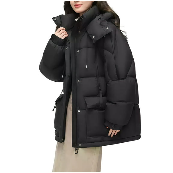 Scyoekwg Womens Puffer Jacket Mid-Length Padded Warm Winter Hooded Coat Long Sleeve Casual Outerwear with Pockets (Black,XL)