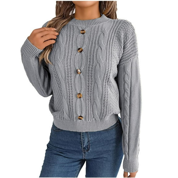 Scyoekwg Womens Pullover Tops Long Sleeve Cewneck Button Sweater Tops Lightweight Vintage Casual Solid Color Loose Fall Clothes Pullover