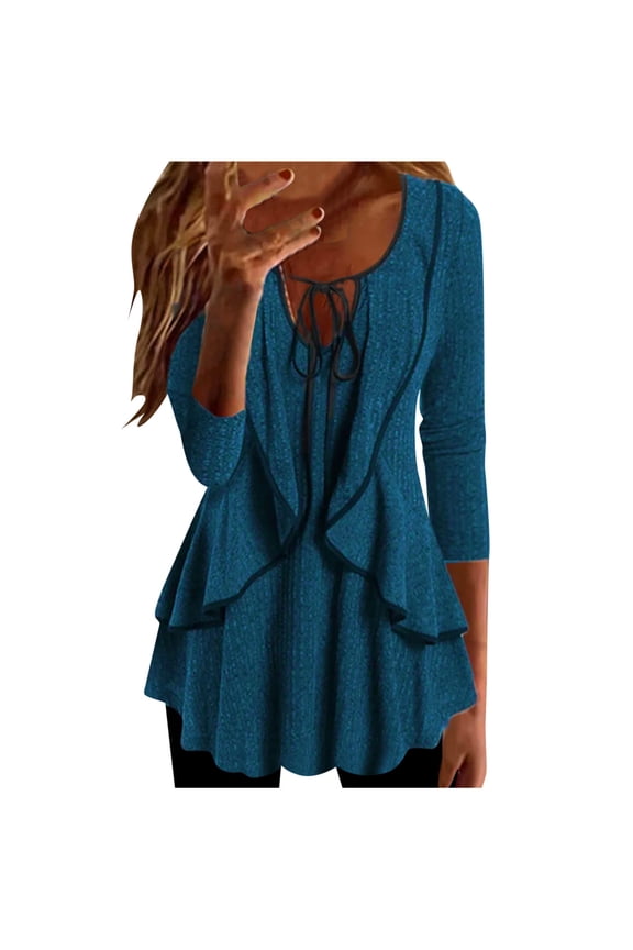 Womens Pullover Tops Long Sleeve Shirts Cewneck Ruffle Trim Tie Front T Shirt Vintage Fall Clothes Casual Lightweight Loose Solid Color Pullover