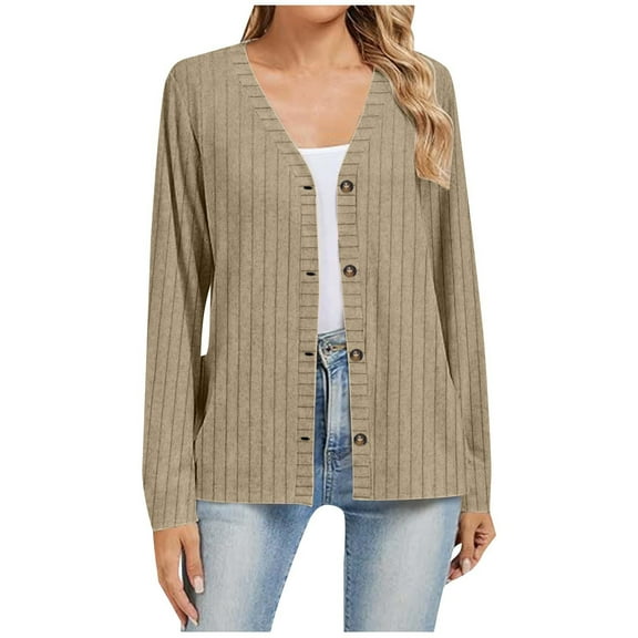 Scyoekwg Womens Ribbed Cardigan Casual Long Sleeve Open Front Button Textured Coats Fall Sweaters V Neck Outwear (Beige,XL)