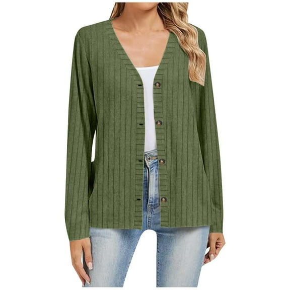 Scyoekwg Womens Ribbed Cardigan Casual Long Sleeve Open Front Button Textured Coats Fall Sweaters V Neck Outwear (Green,L)