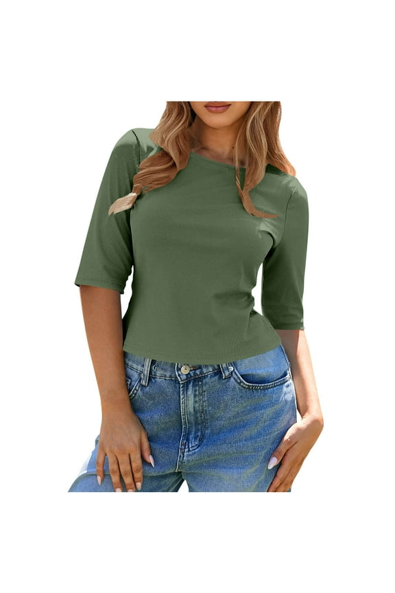 Womens Ribbed Knit Crewneck Crop Tops Basic Slim Fit T Shirts Half Sleeve Trendy Solid Color Y2k Going Out Tops (Army Green,S)