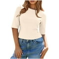 thumbnail image 1 of Scyoekwg Womens Ribbed Knit Crewneck Crop Tops Basic Slim Fit T Shirts Half Sleeve Trendy Solid Color Y2k Going Out Tops (Beige,M), 1 of 9