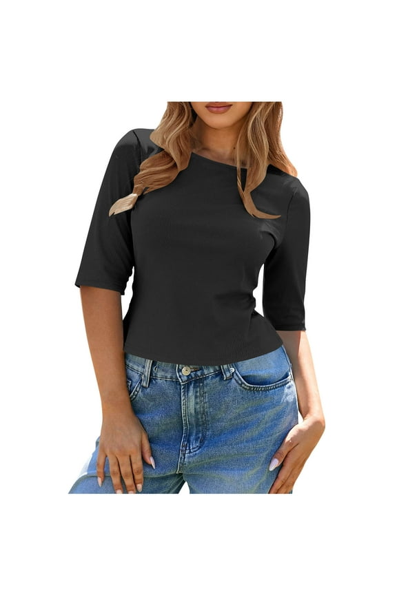 Womens Ribbed Knit Crewneck Crop Tops Basic Slim Fit T Shirts Half Sleeve Trendy Solid Color Y2k Going Out Tops (Black,M)