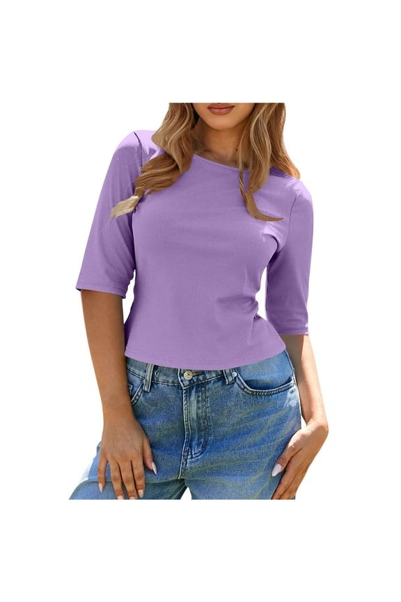 Womens Ribbed Knit Crewneck Crop Tops Basic Slim Fit T Shirts Half Sleeve Trendy Solid Color Y2k Going Out Tops (Purple,L)