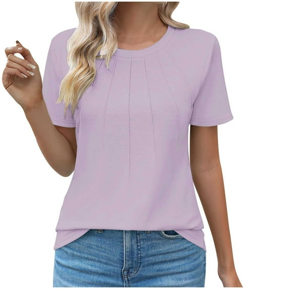 Scyoekwg Womens Round Neck Basic Tops Trendy Lightweight Dressy Casual Blouses Loose Solid Color Short Sleeve Shirts Blouses (Pink,S)