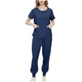 thumbnail image 1 of Scyoekwg Womens Scrub Sets Joggers Trendy Uniform Outfits Short Sleeve Round Neck Scrub Tops Long Jogger Pants Solid Color Casual Loose Sweatsuits Sets (Navy,L), 1 of 3