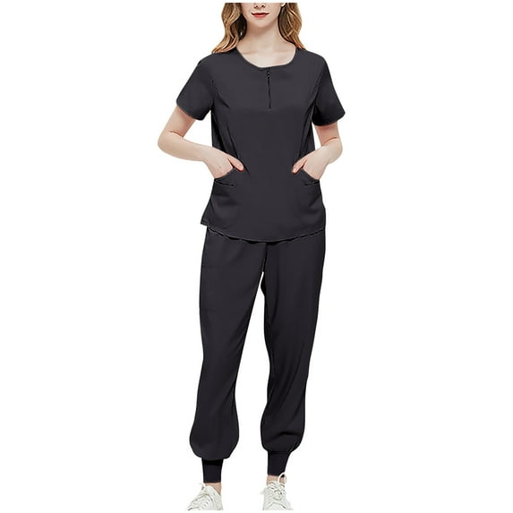 Scyoekwg Womens Scrub Sets Joggers Trendy Uniform Outfits Short Sleeve Round Neck Scrub Tops Long Jogger Pants Solid Color Casual Loose Sweatsuits Sets (Black,XL)
