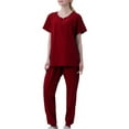 thumbnail image 1 of Scyoekwg Womens Scrub Sets Trendy Solid Color Uniform Outfits Loose Short Sleeve Scrub V-Neck Scrub Tops Long Jogger Pants Casual Sweatsuits Sets (Wine,M), 1 of 2