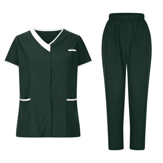 Scyoekwg Womens Scrub Sets Trendy Uniform Outfits Short Sleeve Scrub V-Neck Scrub Tops Long Jogger Pants Solid Color Casual Sweatsuits Sets Loose Outfits (Green,S)