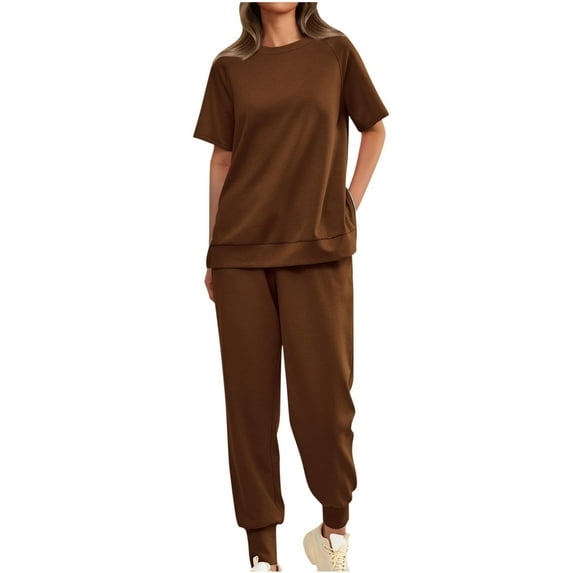 Scyoekwg Womens Sets 2 Piece Outfits Solid Color Loose Casual Short Sleeve Round-Neck Side Zipper Blouses Long Pants High Waisted Sweatpants Sets (Brown,S)