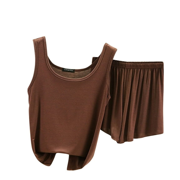 Scyoekwg Womens Sets 2 Piece Outfits Summer Thin Loose Strap Solid Color Sleeveless Tank Tops Shorts Casual Two Piece Set (Brown,XL)