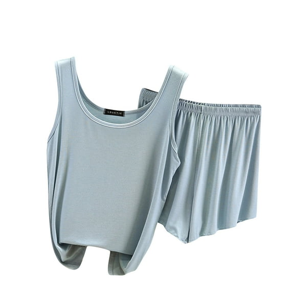 Scyoekwg Womens Sets 2 Piece Outfits Summer Thin Loose Strap Solid Color Sleeveless Tank Tops Shorts Casual Two Piece Set (Light Blue,M)