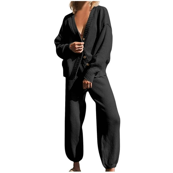 Scyoekwg Womens Sets 2 Piece Outfits Sweatsuit Fall Outfits Long Sleeve Tops Jogger Sweatpant Fashion Casual Matching Outfits Sweatsuits (Black,XL)