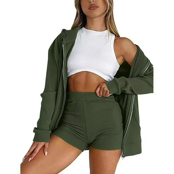 Scyoekwg Womens Sets 2 Piece Outfits Sweatsuit Fall Outfits Zipper Long Sleeve Coat Shorts Fashion Matching Outfits Casual Two Piece Set Sweatsuit Tracksuit (Army Green,XL)