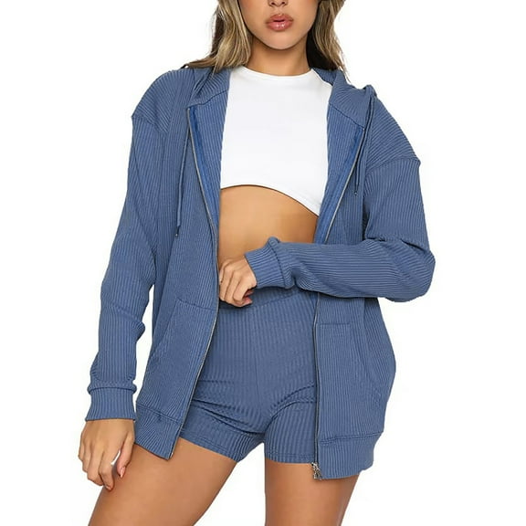 Scyoekwg Womens Sets 2 Piece Outfits Sweatsuit Fall Outfits Zipper Long Sleeve Coat Shorts Fashion Matching Outfits Casual Two Piece Set Sweatsuit Tracksuit (Blue,S)