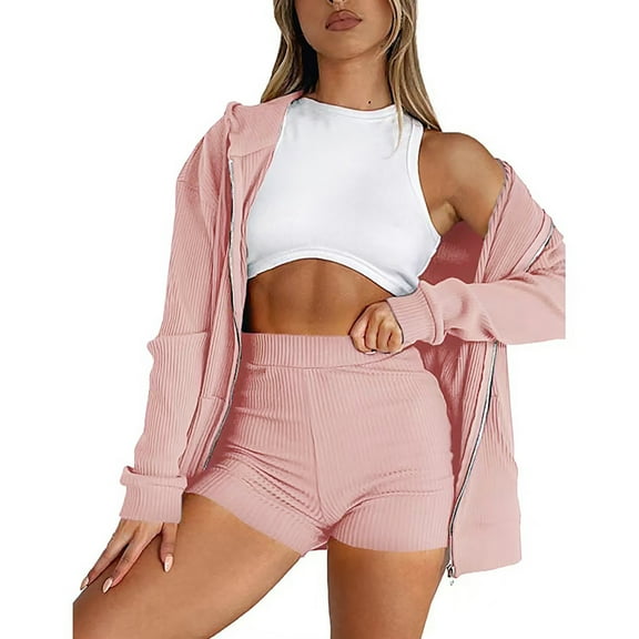 Scyoekwg Womens Sets 2 Piece Outfits Sweatsuit Fall Outfits Zipper Long Sleeve Coat Shorts Fashion Matching Outfits Casual Two Piece Set Sweatsuit Tracksuit (Pink,M)