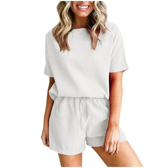 Scyoekwg Womens Sets Clothes Womens 2 Piece Outfits Summer Solid Color Loose Short Sleeve V-Neck Top Shorts Casual Sets (White,L)