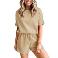 thumbnail image 1 of Scyoekwg Womens Sets Clothes Womens 2 Piece Outfits Summer Solid Color Loose Short Sleeve V-Neck Top Shorts Casual Sets (Khaki,L), 1 of 5