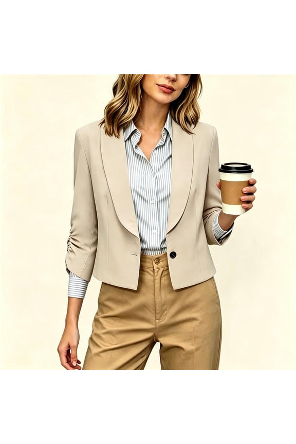 Womens Shawl Lapel Ruched Sleeve Cropped Blazer Jacket, Single Button Short Suit Coat, Roll Cuff Lightweight Office Commuter Outer Top for Spring Fall (Beige,S)