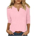 thumbnail image 1 of Scyoekwg Womens Shirts 3/4 Sleeve Tops V-Neck Three-quarter Sleeve Tshirt Dressy Casual Blouses Vintage Loose Fall Clothes Fashion Solid Color Pullover Tops(Pink,XL), 1 of 5