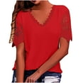 thumbnail image 1 of Scyoekwg Womens Shirts Casual Crochet Lace Trim V-Neck Tee Shirts Trendy Short Sleeve Tops Loose Lightweight Blouses Solid Color Summer Office Work Shirts Red XXXXL, 1 of 5