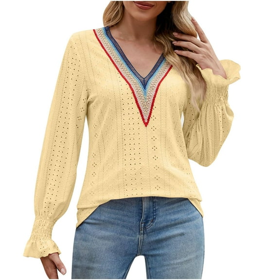 Scyoekwg Womens Shirts Womens Long Sleeve Tops V-Neck Eyelet Tops Crochet Lace Trim Elegant Shirts Solid Color Vintage Casual Fall Clothes Lightweight Loose Pullover